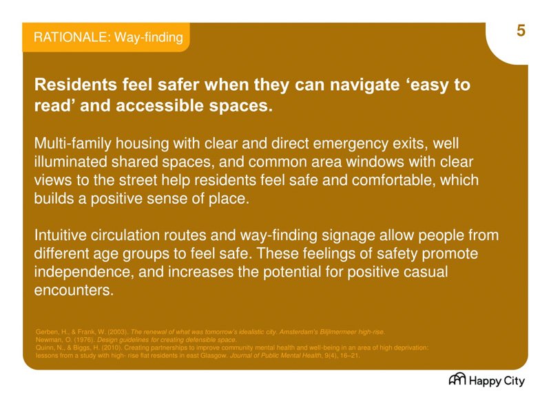 Text slide on way-finding rationale, highlighting the importance of clear navigation in multi-family housing for residents' safety and comfort