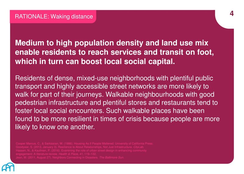 Text slide on boosting local social capital through medium to high population density and mixed land use.