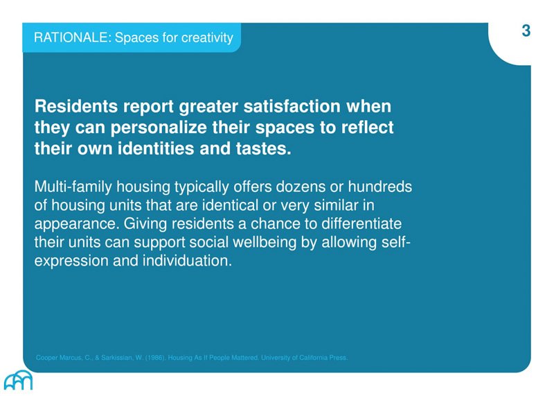 Text slide 'RATIONALE: Spaces for creativity' about the positive effects of personalization in multi-family housing on residents' satisfaction.