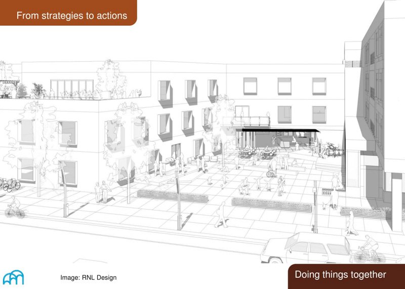 Architectural sketch of an urban street with modern buildings, trees, and people engaged in various activities such as walking and sitting at outdoor tables, captioned 'From strategies to actions' and 'Doing things together'.