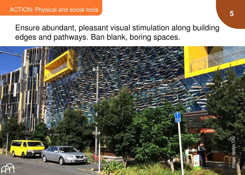 An image of a building facade with visual stimulation, titled 'ACTION: Physical and social tools'.