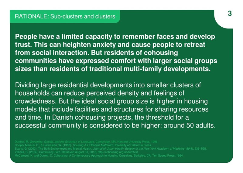 Text slide 'RATIONALE: Sub-clusters and clusters,' explaining how smaller clusters in cohousing can reduce anxiety and improve social interaction.