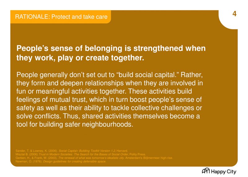 Text slide explaining the importance of building social capital through communal activities