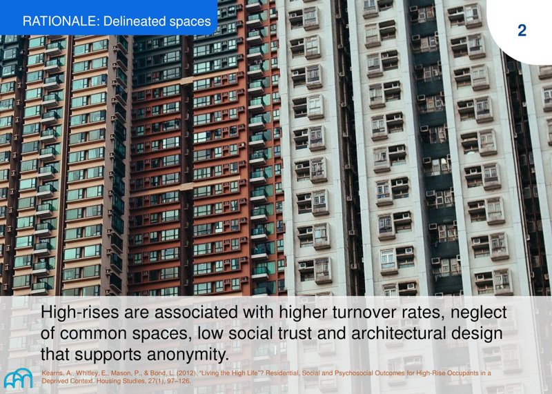 A photograph of high-rise buildings, with a rationale explaining the challenges of such developments in fostering community interactions and social trust.