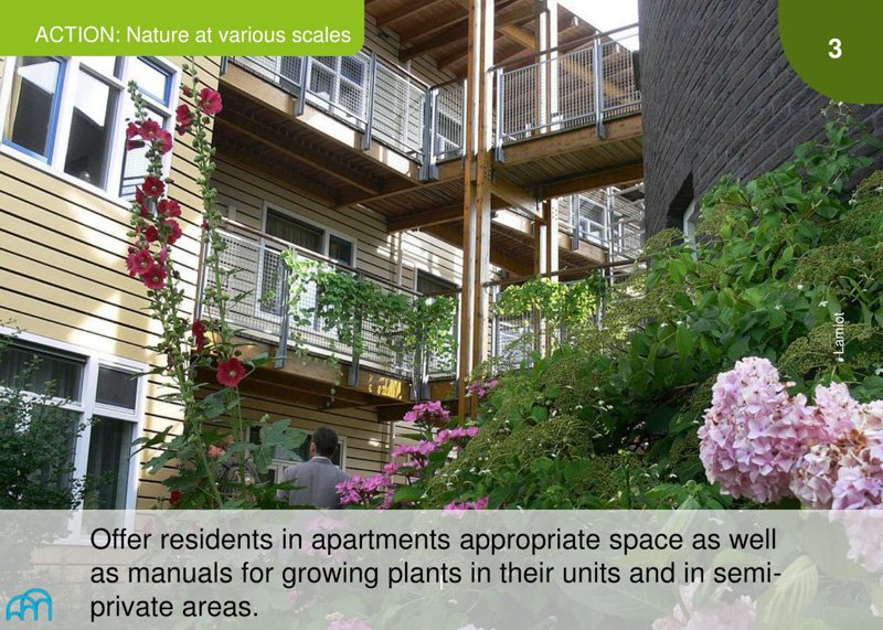 Text overlay on an image of a building reads: 'Action: Nature at various scales. Offer residents in apartments appropriate space as well as manuals for growing plants in their units and in semi-private areas.'