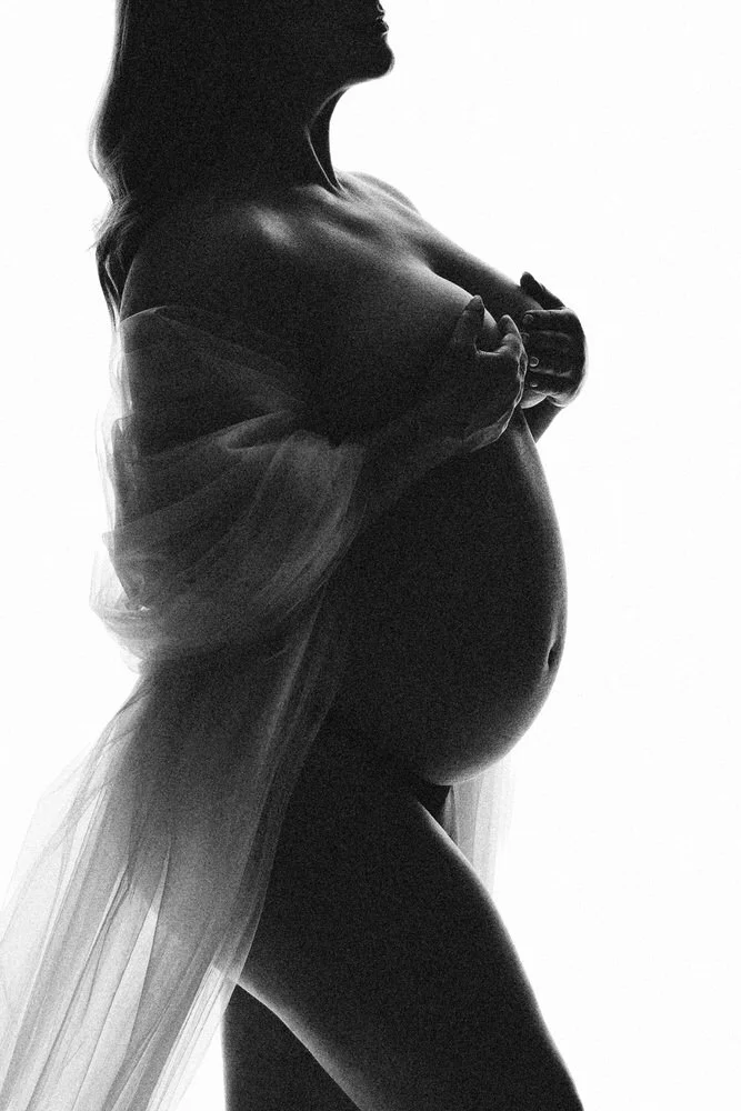 Black and white side profile of an expectant mother wrapped in tulle, lit as a silhouette