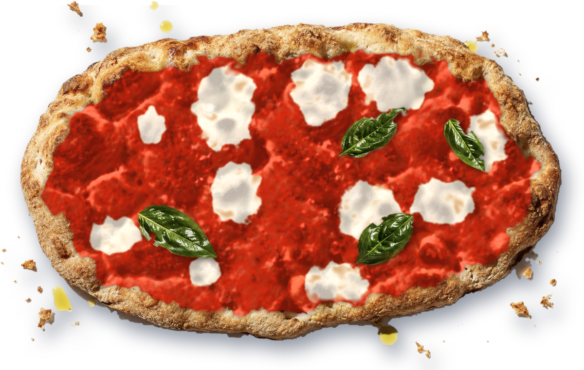 The same pinsa as a margherita, with tomato, mozzarella and basil