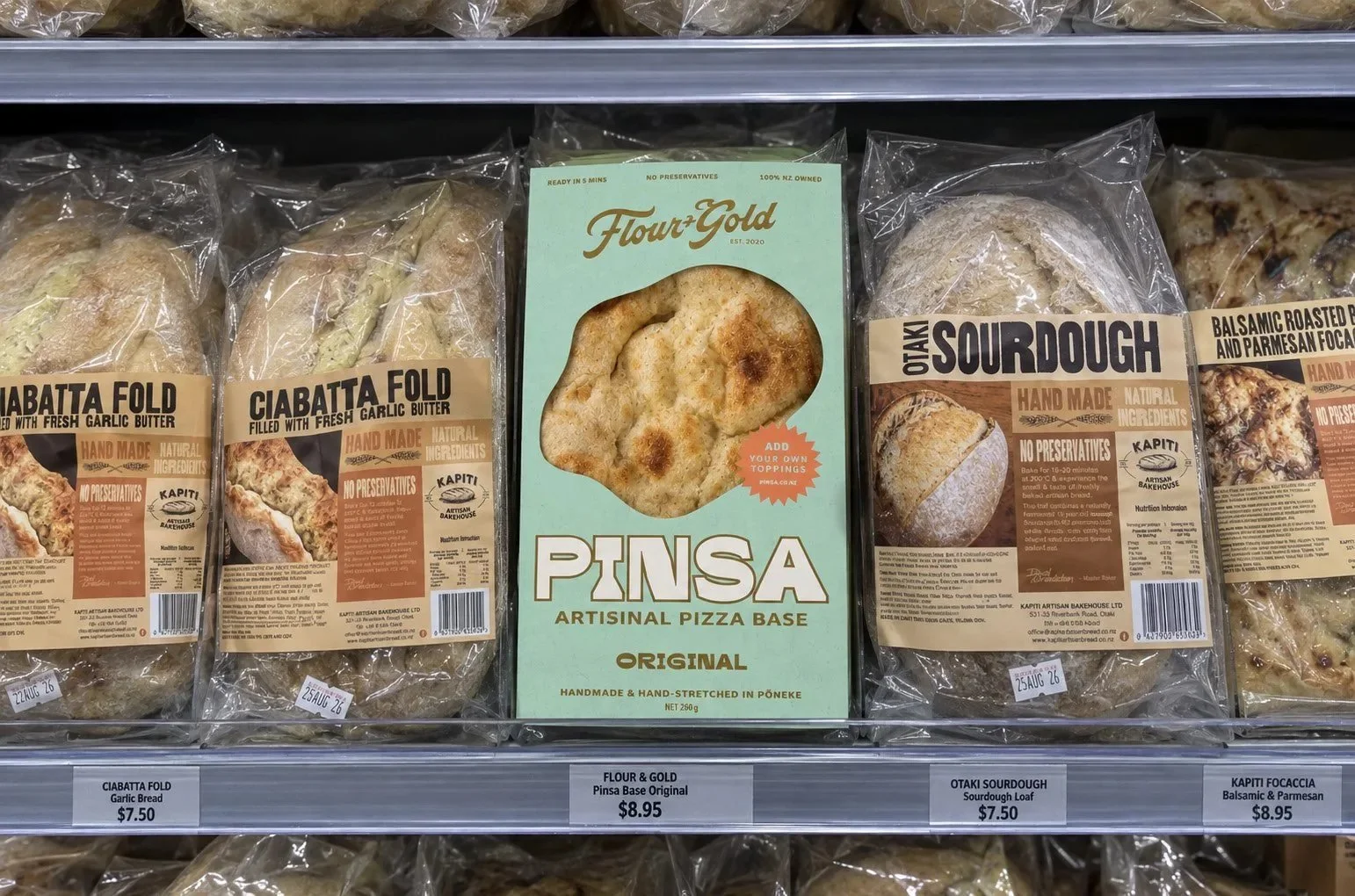 Flour + Gold Pinsa on a supermarket chiller shelf