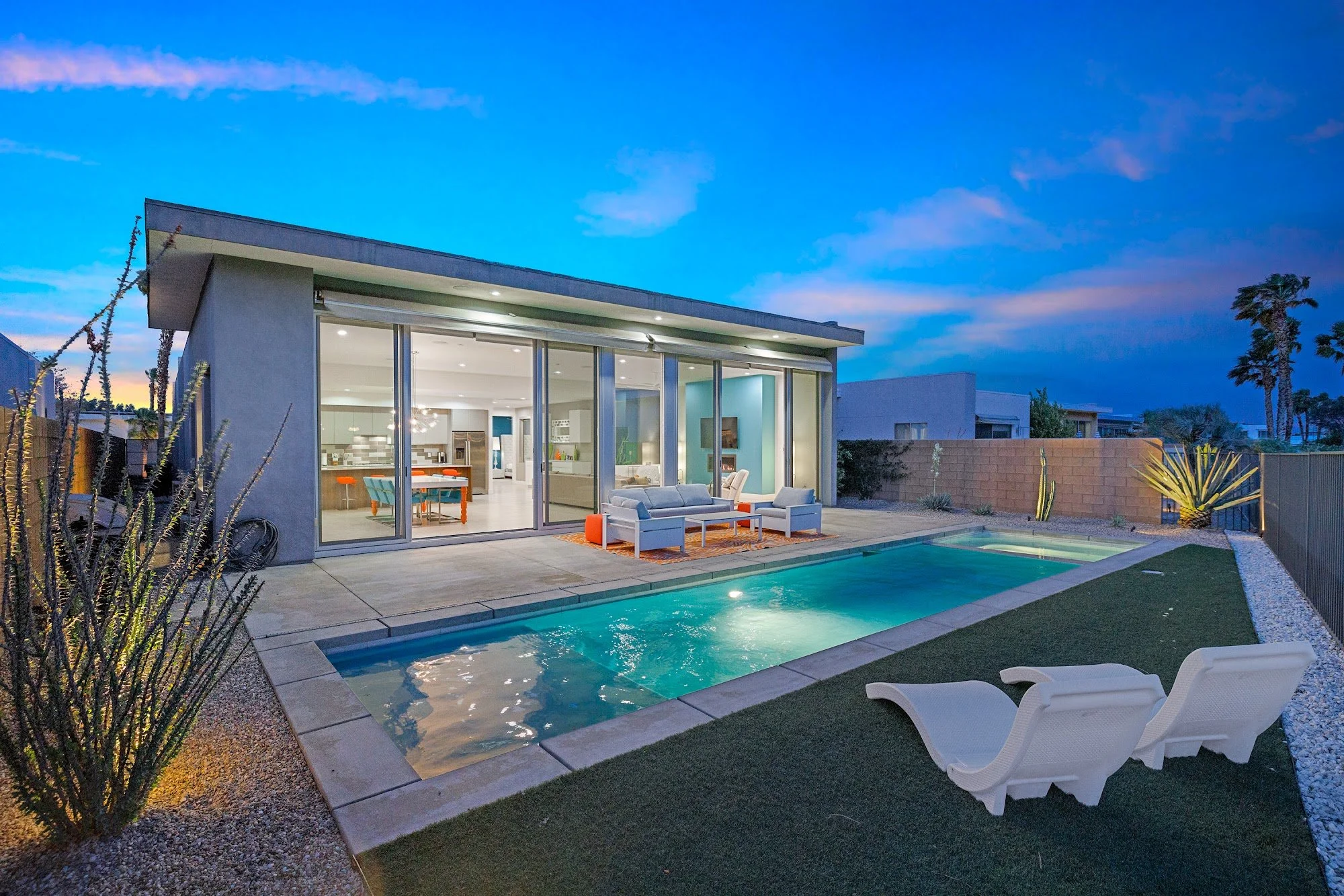A seasonal home we manage on Bernardi Lane, Palm Springs, at dusk