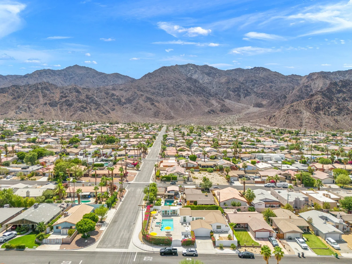 A street in the La Quinta Cove running to the Santa Rosa Mountains