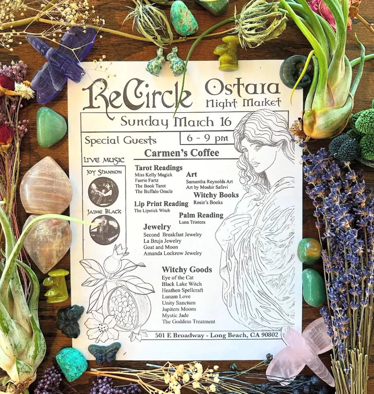 Image of ReCircle Home's Ostara Night Market flyer, surrounded by flowers and stones. The flyer lists all of the guests for the Sunday 3/16 night market.