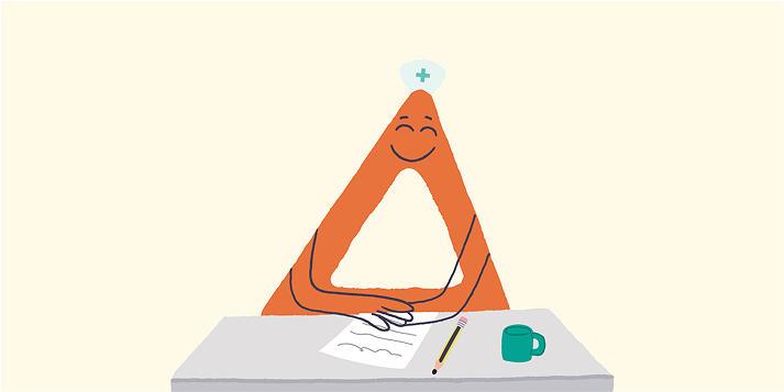 Deltie, Coach avatar, sitting happily at a desk