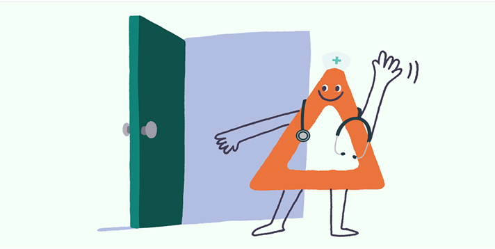 Deltie, Coach avatar, waving, standing next to Coach laptop
