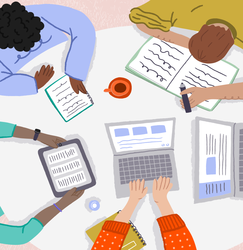 Coach illustration, learners working together at desk