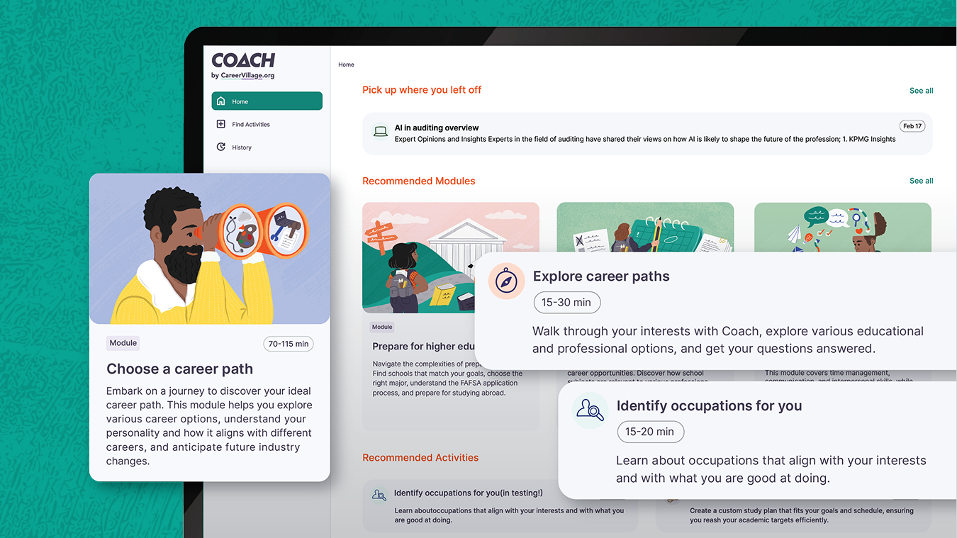 Collage image. Coach interface in background, activity tiles in foreground. Dark green background.