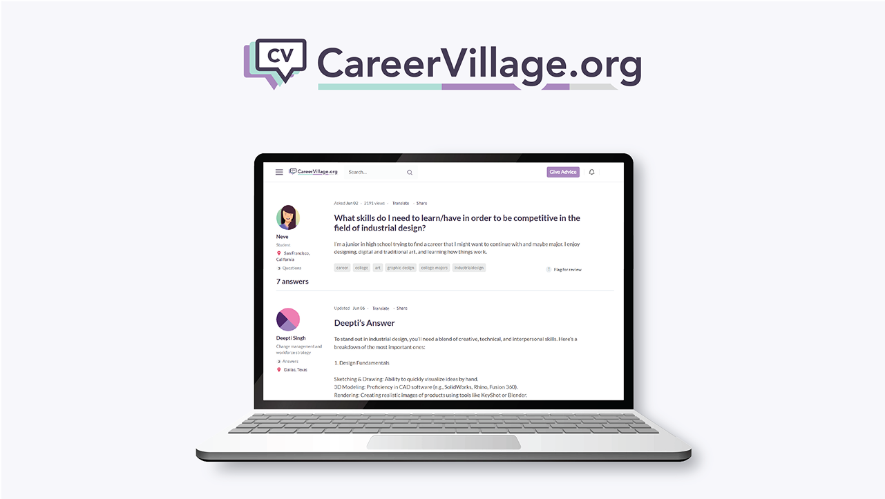 CareerVillage.org logo and screenshot, in laptop frame