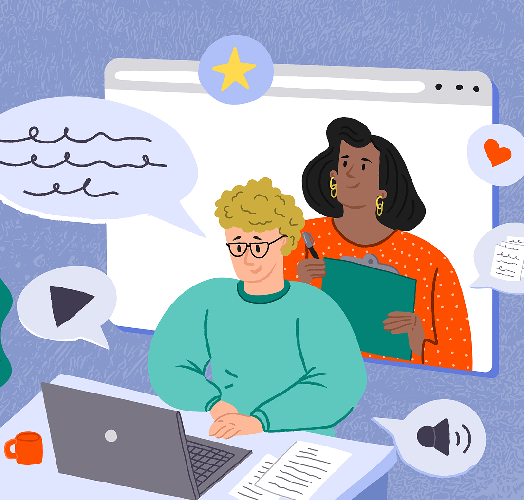 Illustration. Male learner looking at laptop. Supportive advisor positioned behind him.