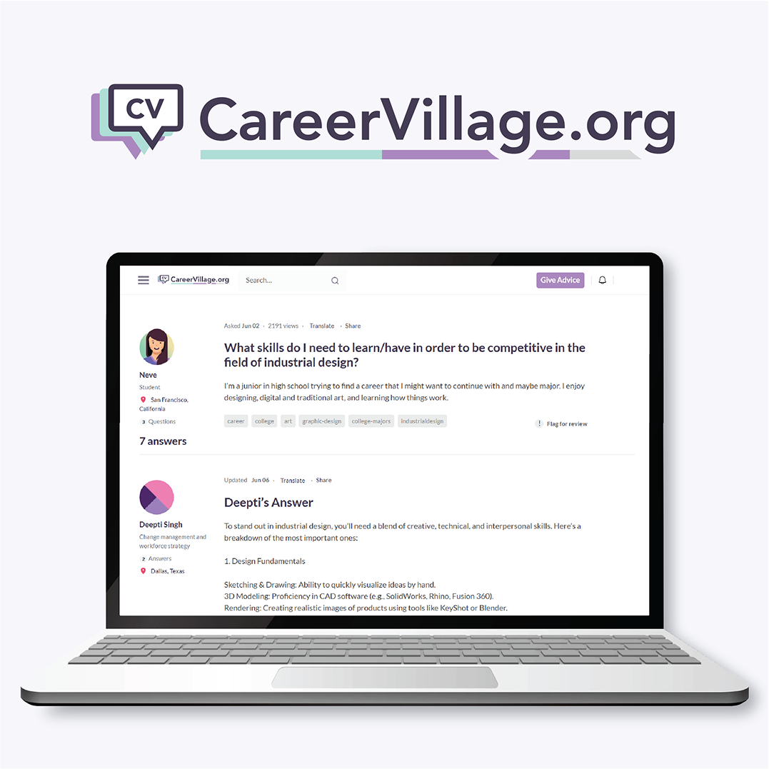 CareerVillage.org logo and screenshot, in laptop frame