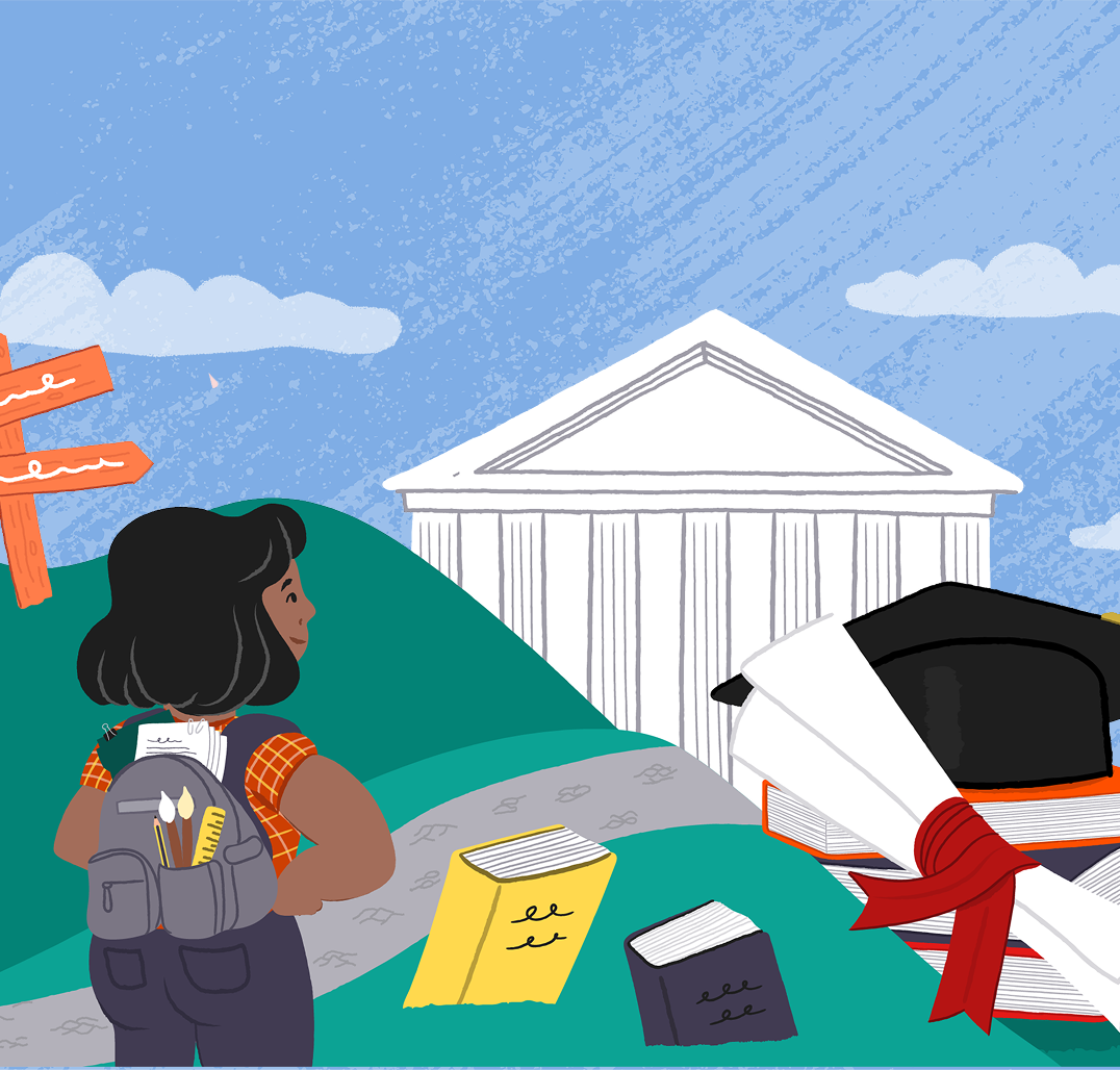 Illustration. Female learner looking at college in the distance.