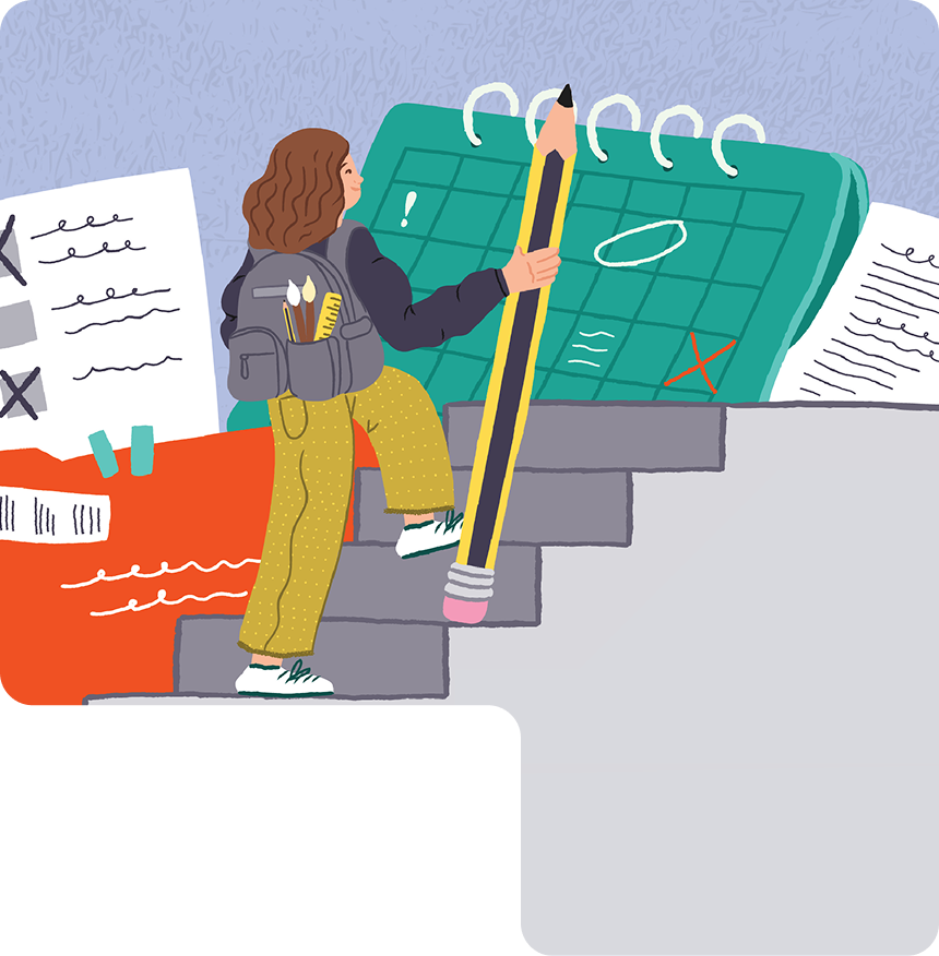 illustration. female learner climbs stairs to career success.