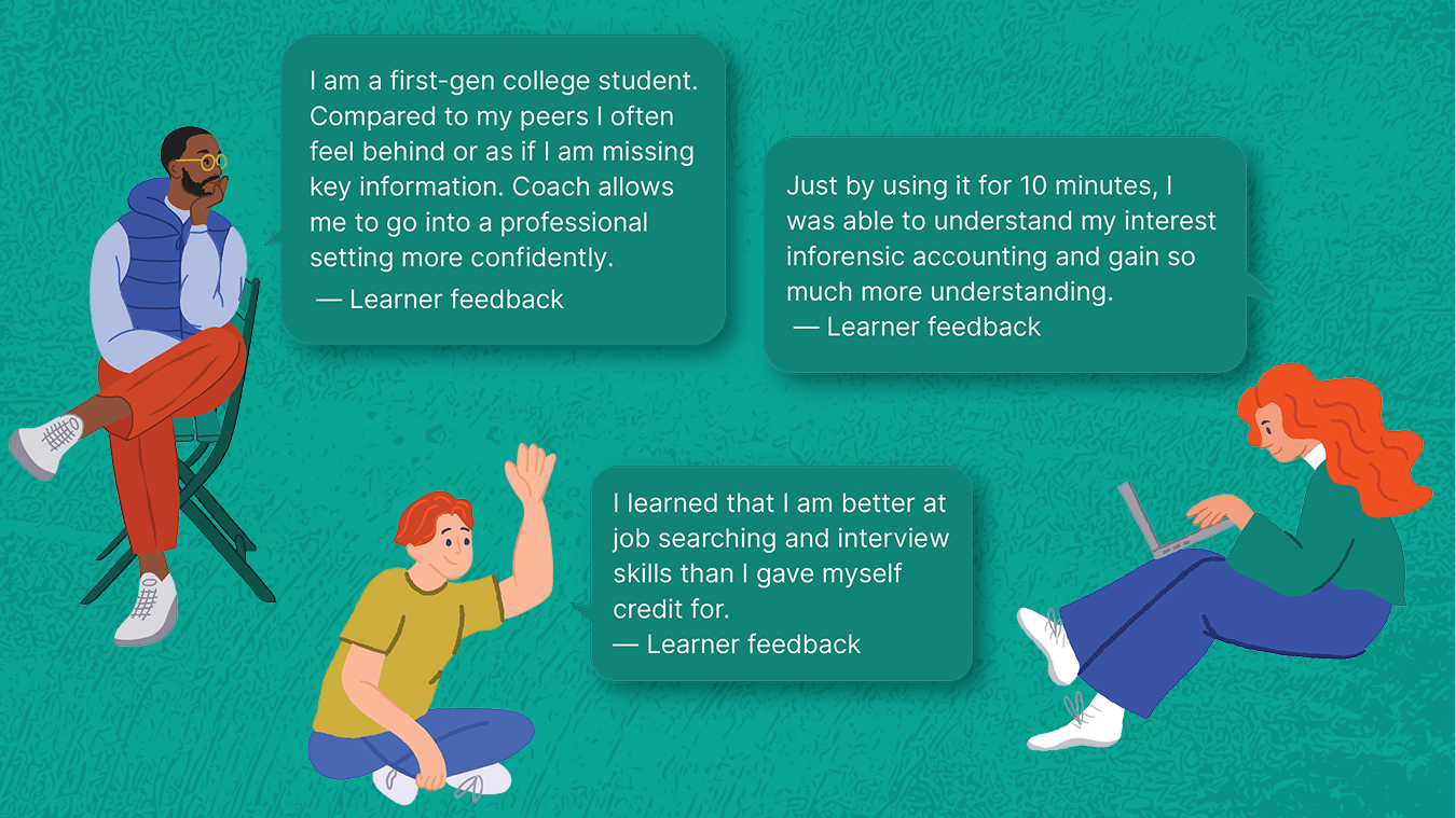 Collage image. Three user testimonials and illustrated avatars on dark green background.