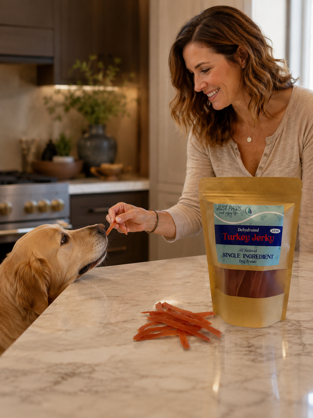 Just Paws Dehydrated Turkey Jerky — single-ingredient, 99% lean turkey breast dog treat