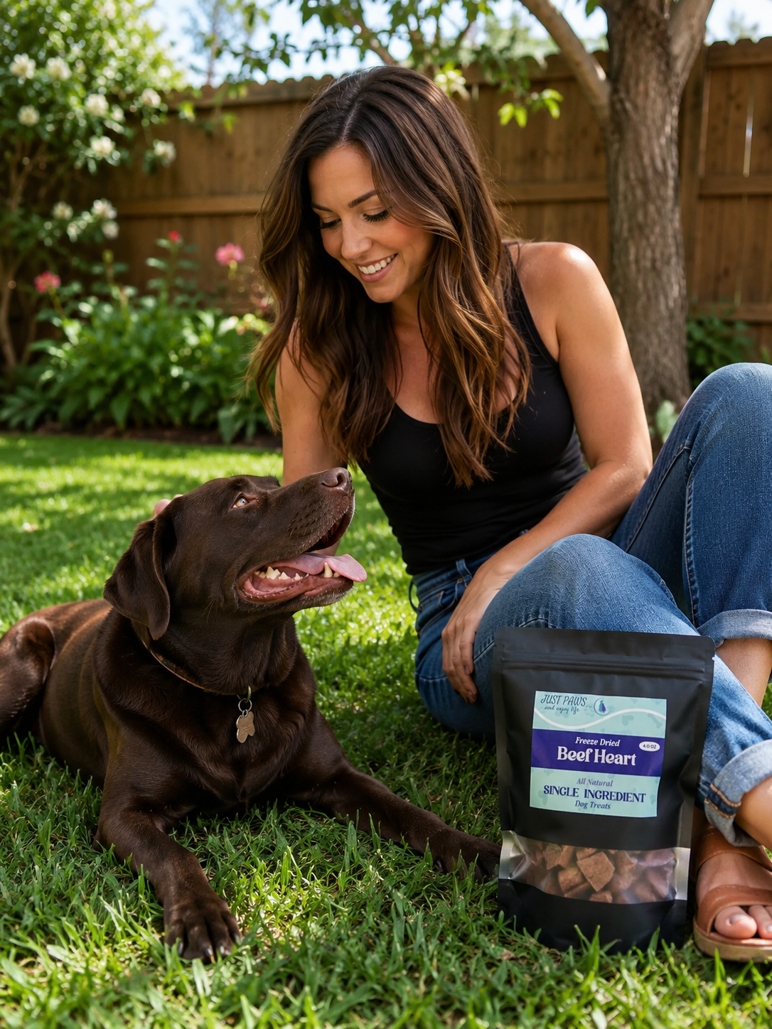 Pet parent relaxing in the backyard with her dog and a bag of Just Paws freeze-dried single-ingredient treats