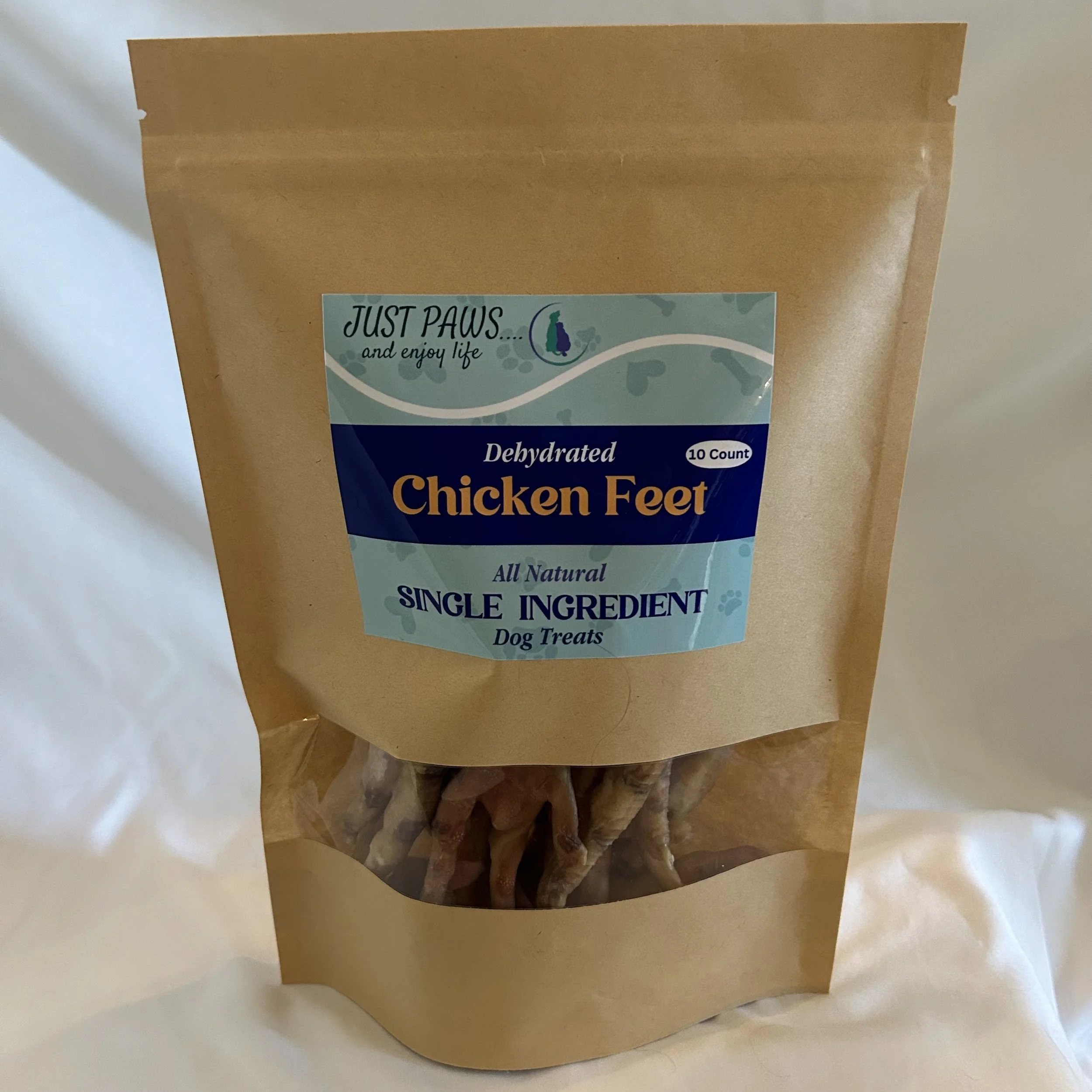 Just Paws dehydrated chicken feet single-ingredient dog treat package
