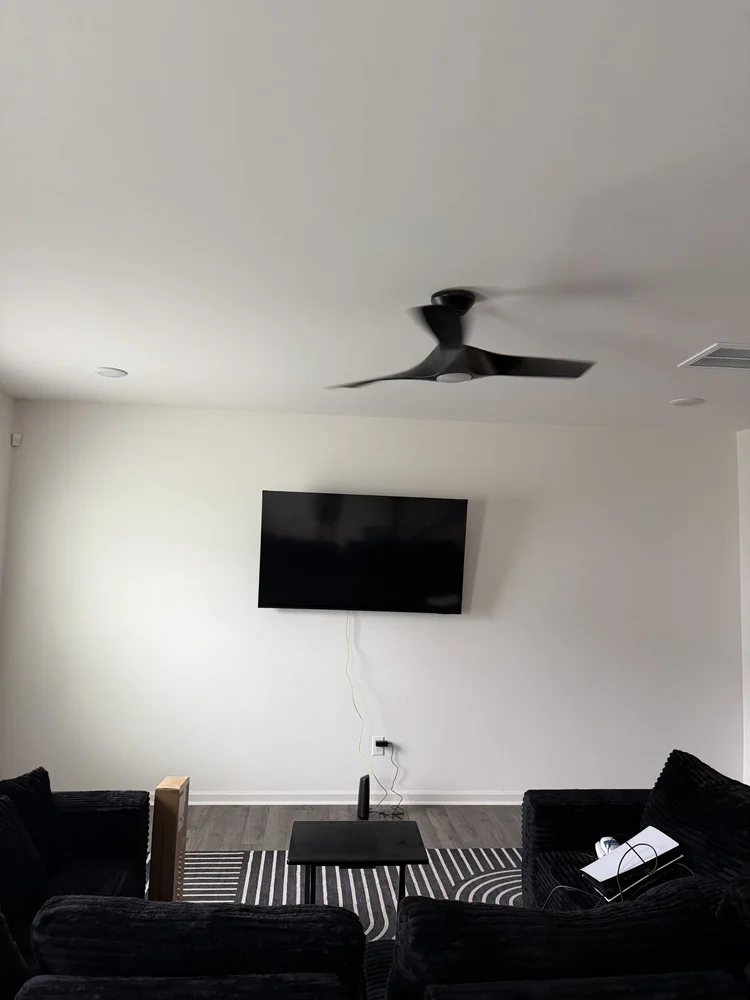 Living room wall with a mounted TV before the media wall build, Charlotte NC