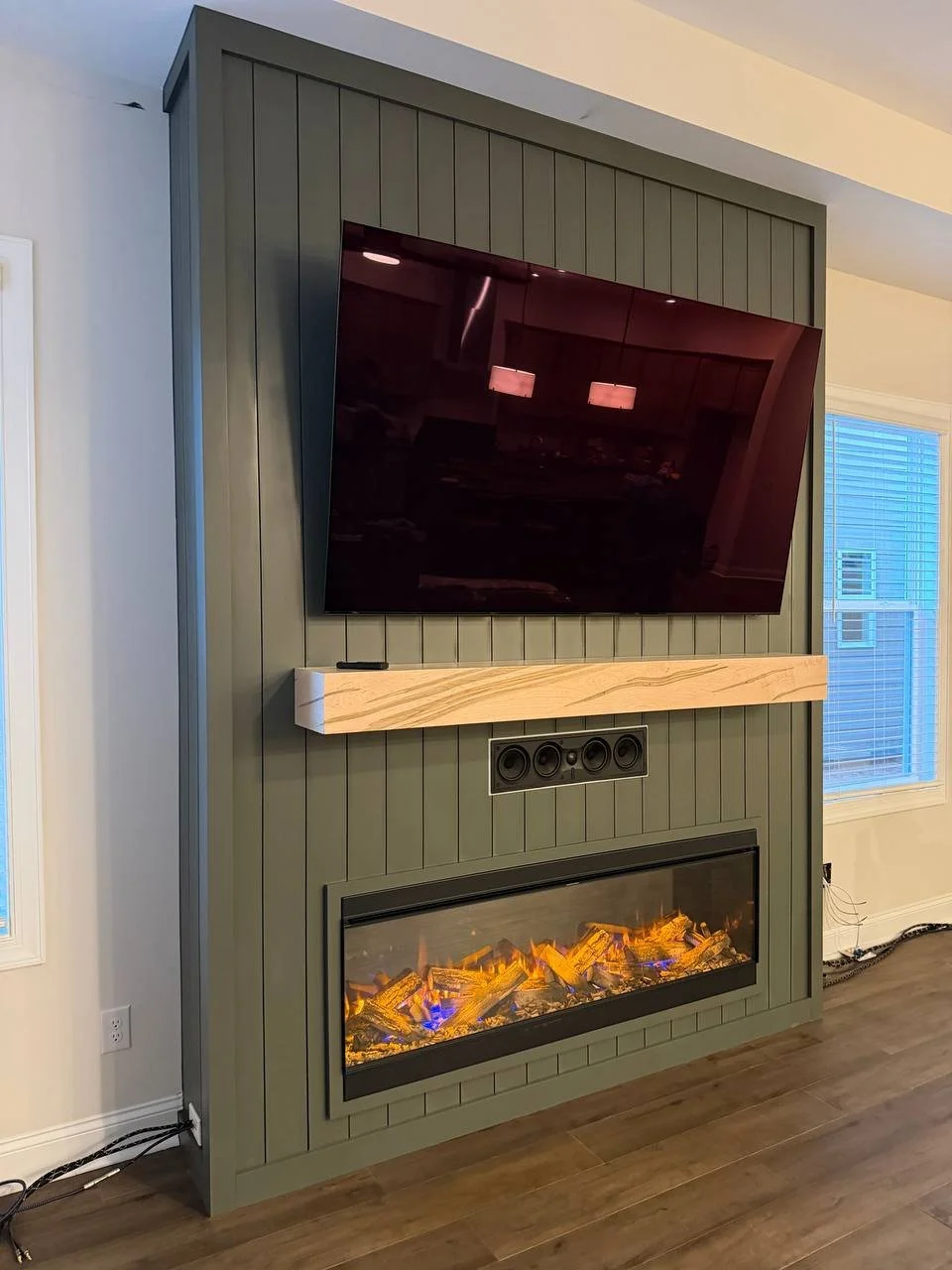Shiplap fireplace bump-out with electric fireplace and hardwood mantel, Waxhaw NC