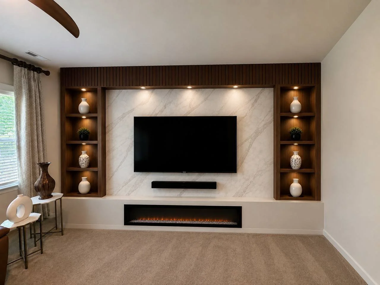 3D design render of a custom TV media wall with electric fireplace and built-in shelving in Charlotte, NC