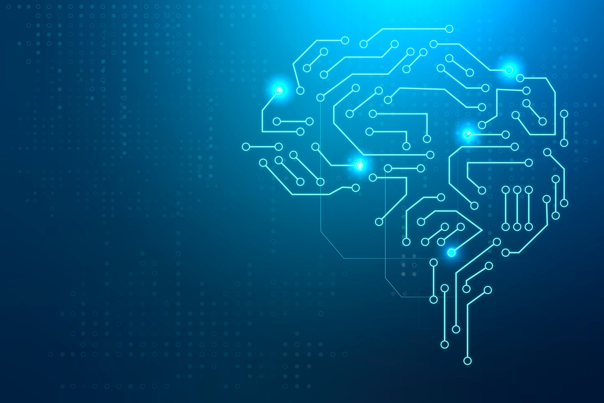 light blue networks and nodes forming an image of a brain in front of a blue background