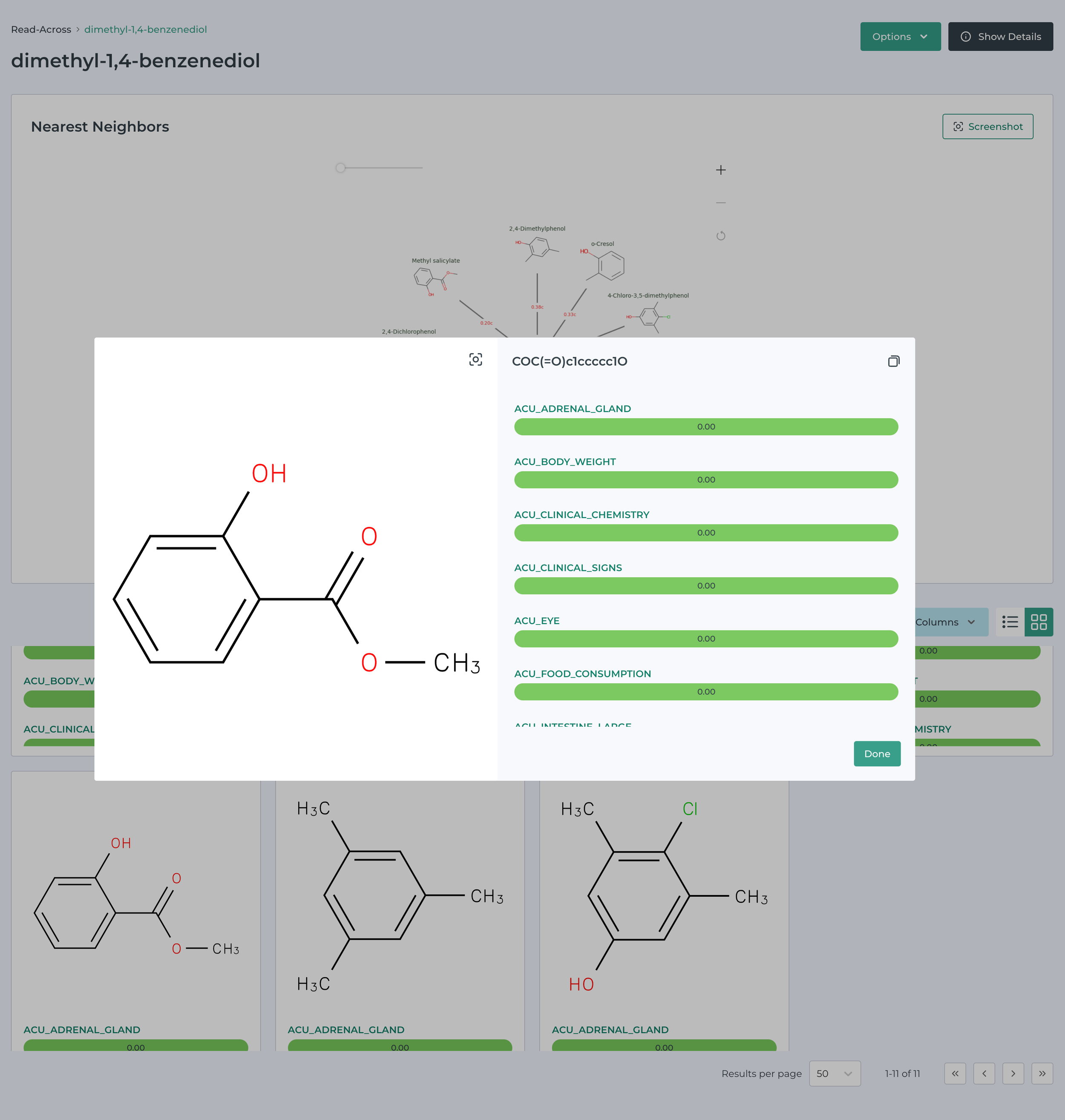 Screenshot of read-across results popup for a single compound in MegaTox