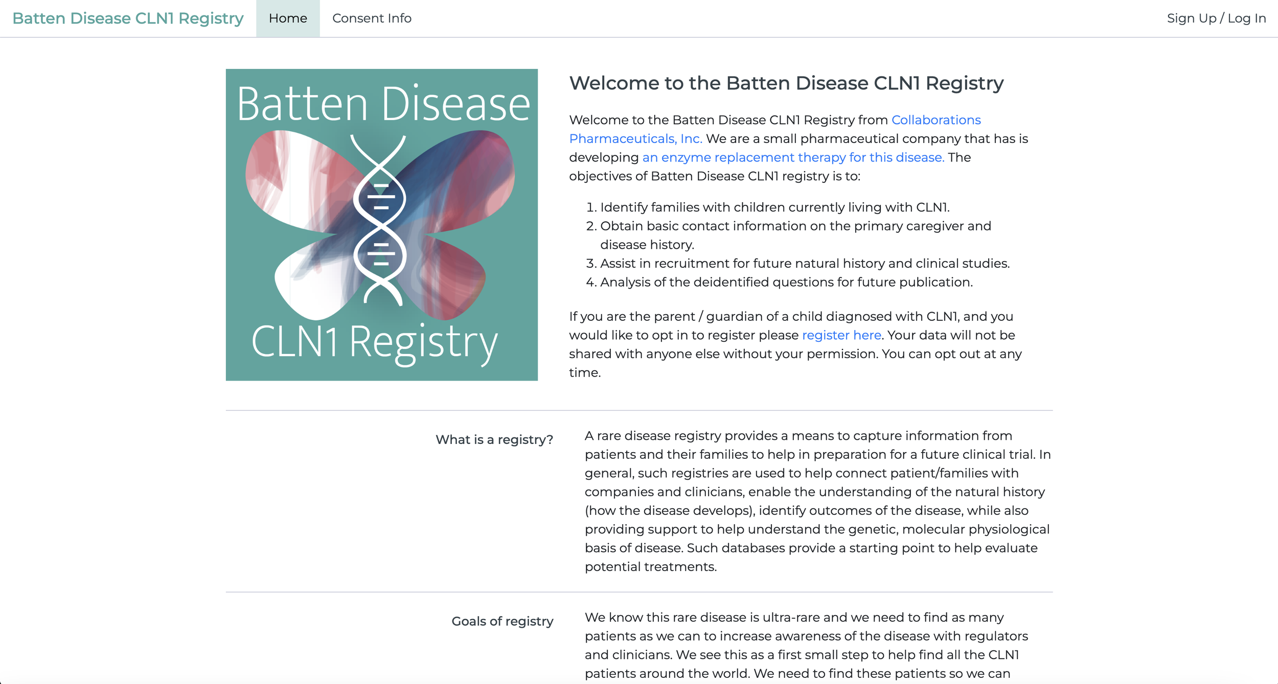 Batten Disease CLN1 Registry screenshot of home page