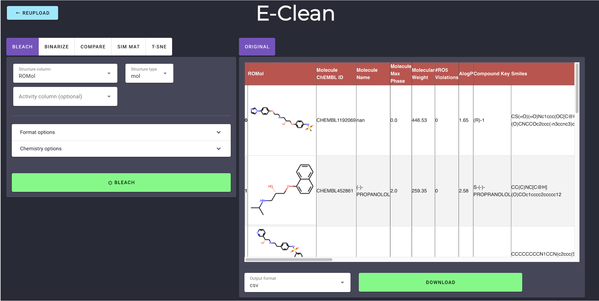 screenshot of eClean user interface, demonstrating the bleaching process for a file
