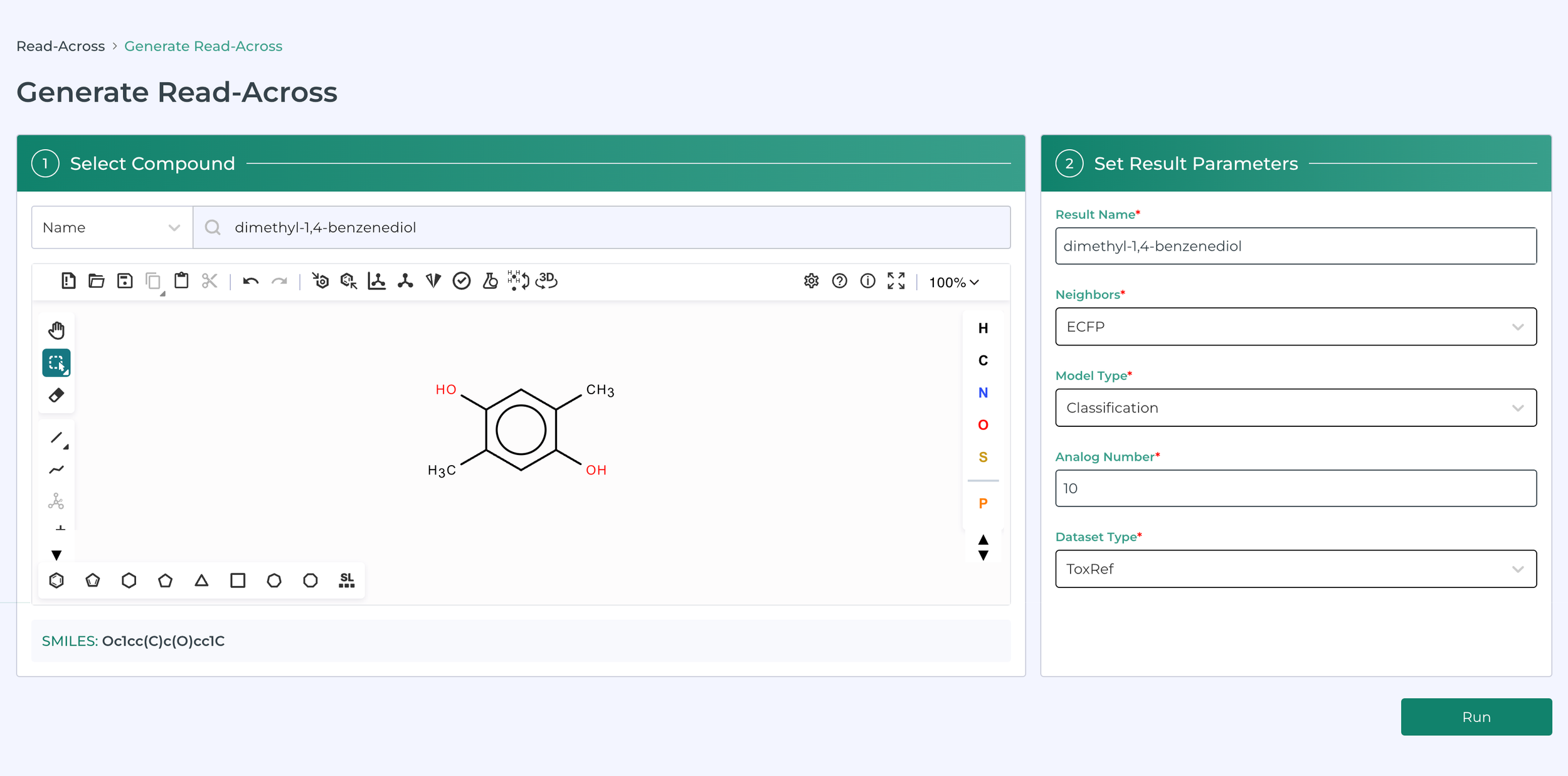 Screenshot of read-across generation page on MegaTox