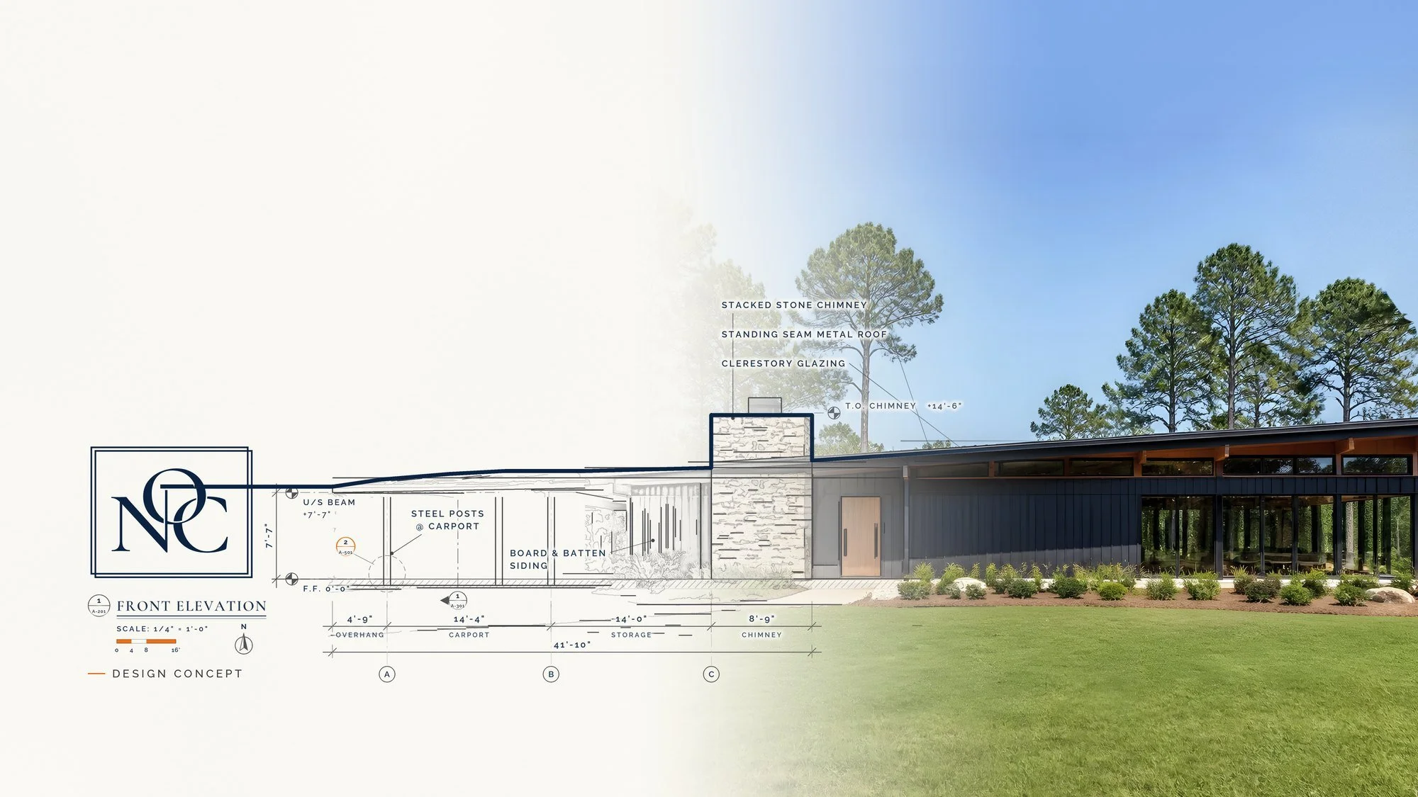 Design concept — mid-century modern custom home, Old Number One Customs
