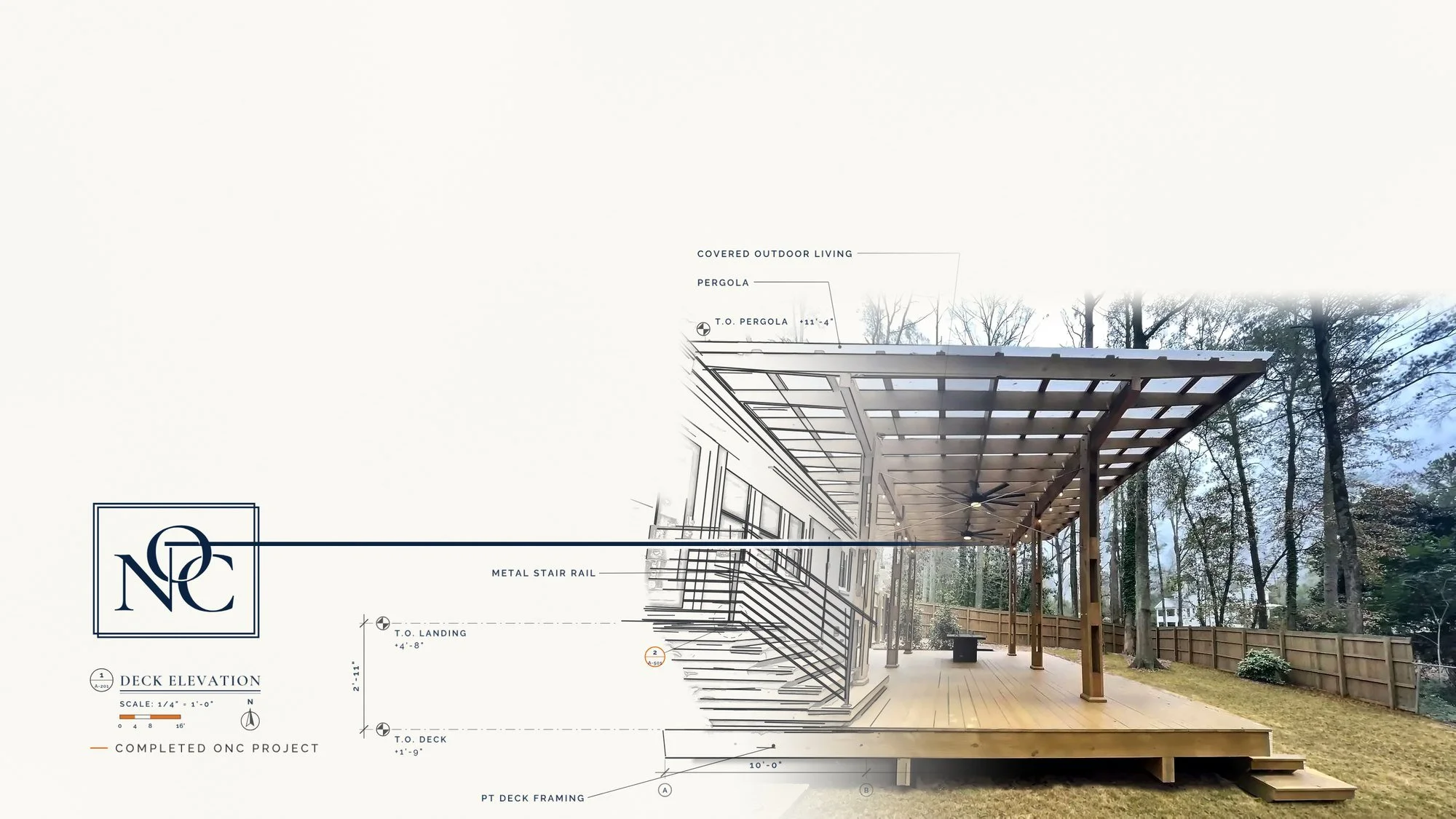 Completed ONC project — covered deck & pergola, Auburn, AL (2021). Drawing overlay and dimensions are illustrative.