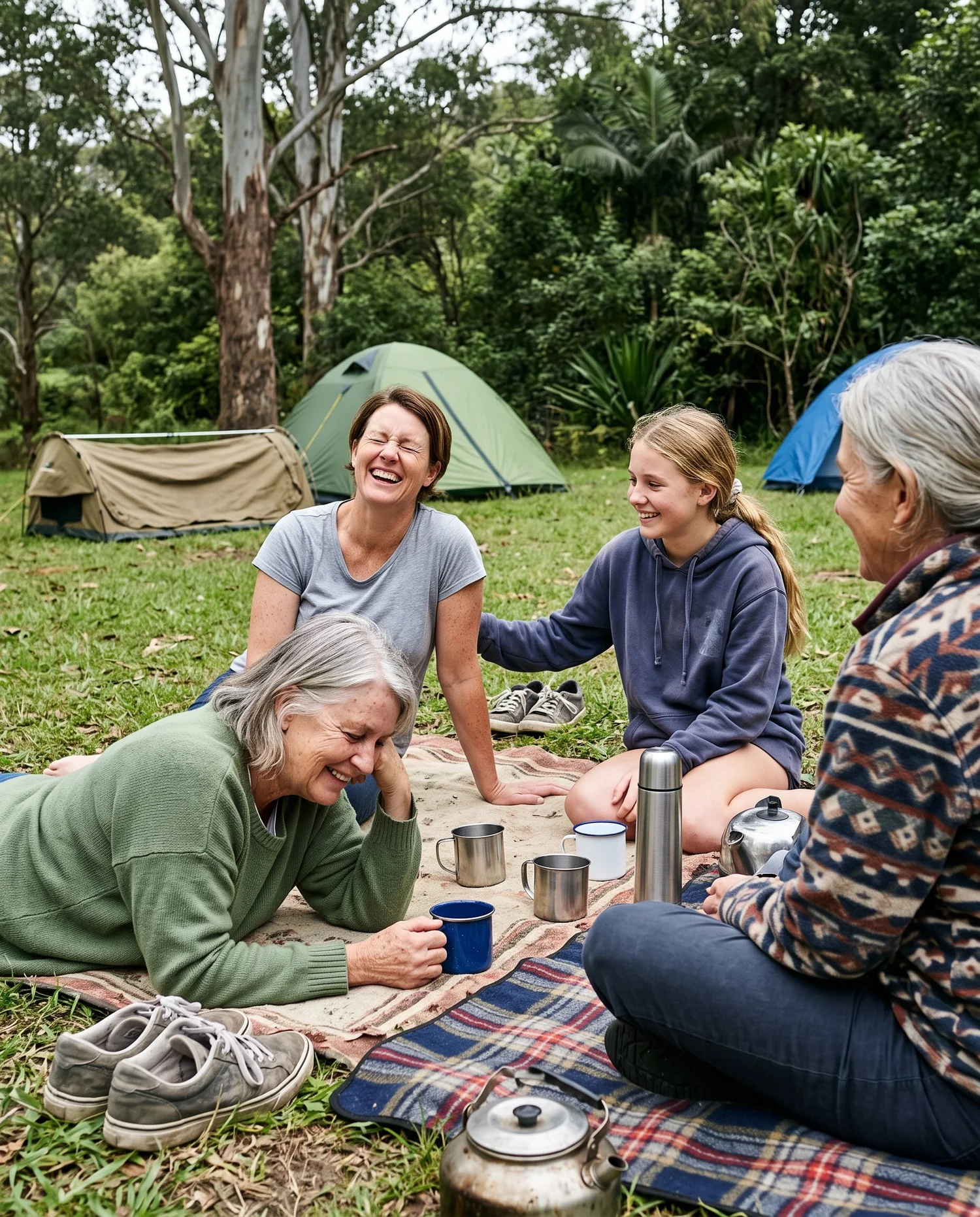 A group of women laughing together at a campsite