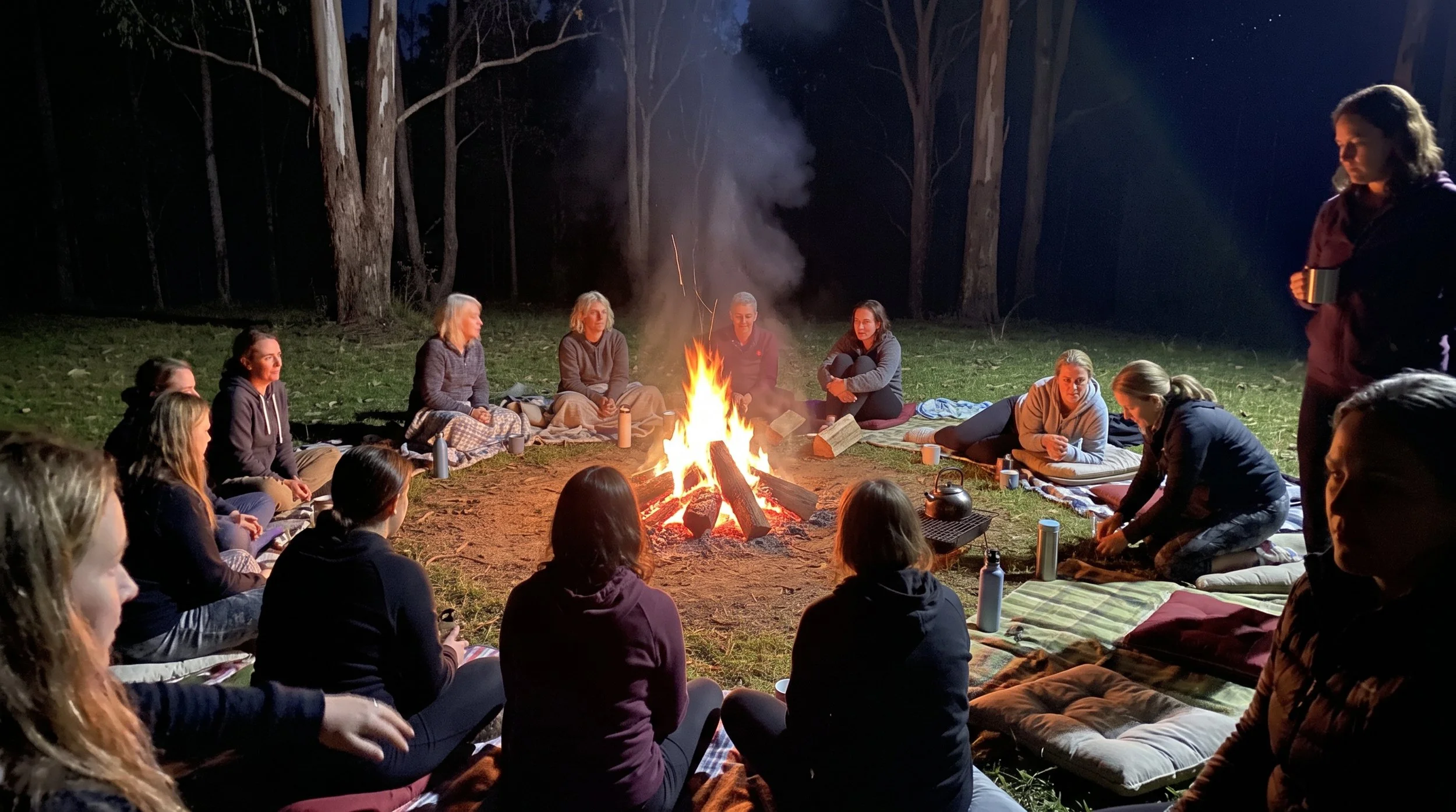 Women seated in a circle around an evening fire