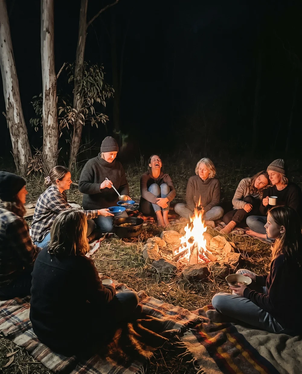 Women gathered around a fire at night