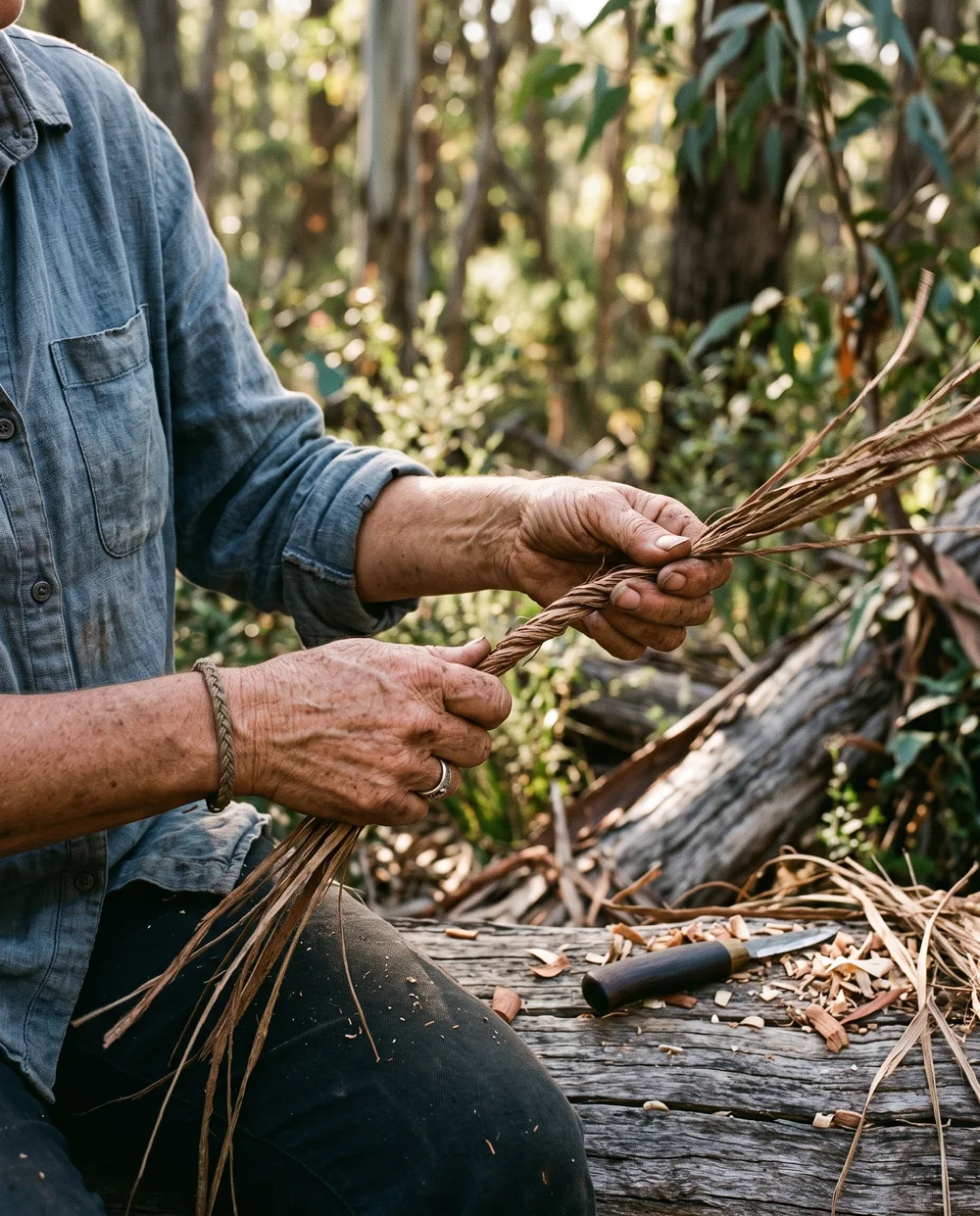 Hands twisting natural cordage