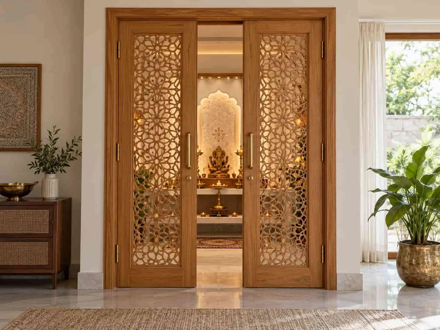Pooja room door with a decorative jaali