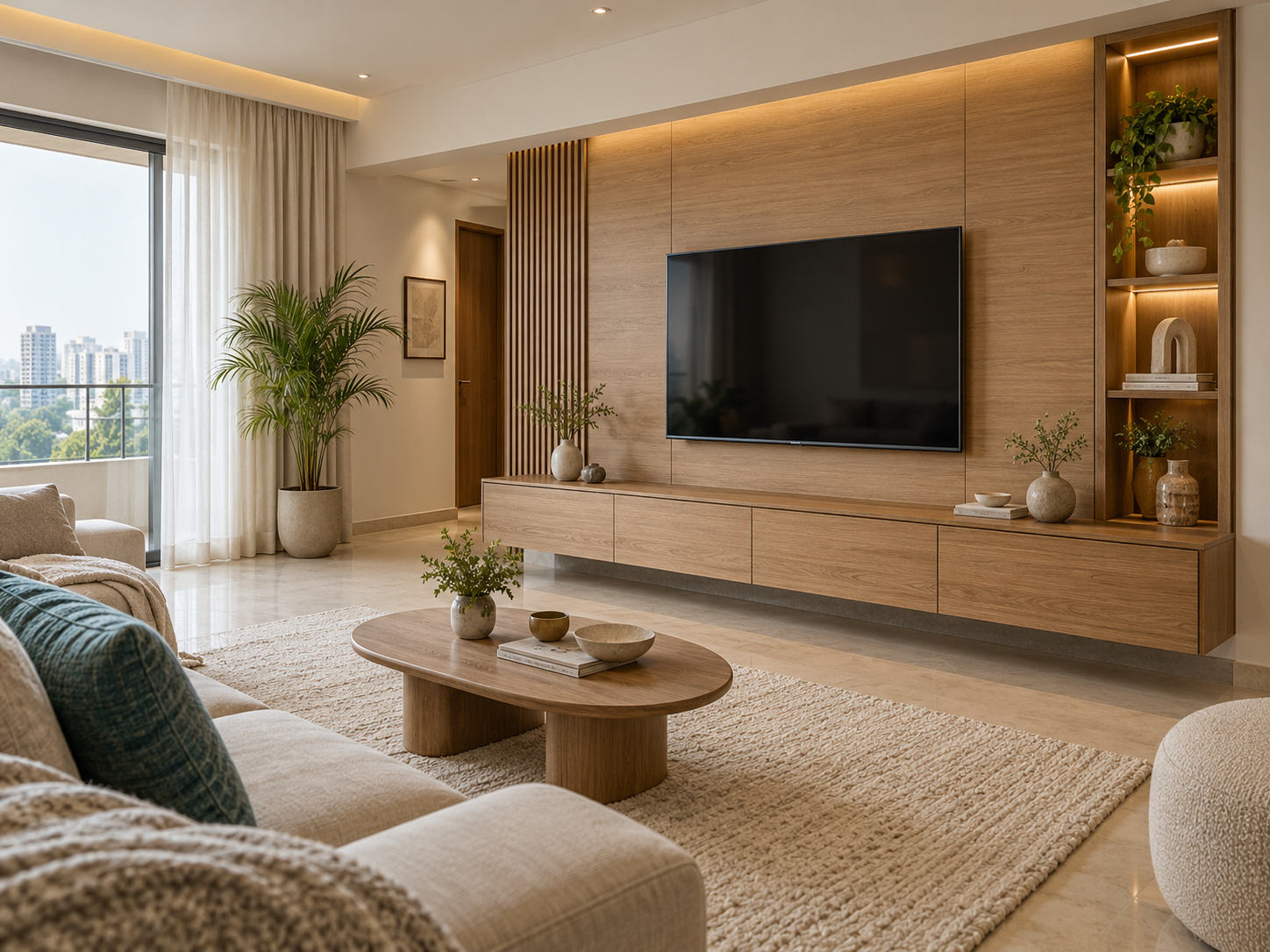 Modern living room with a wooden TV unit and beige seating
