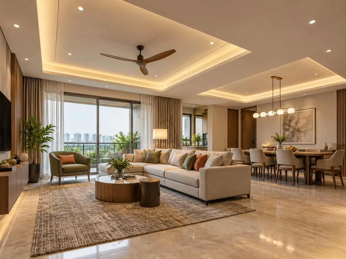 Open living and dining space with two-level false ceiling zones
