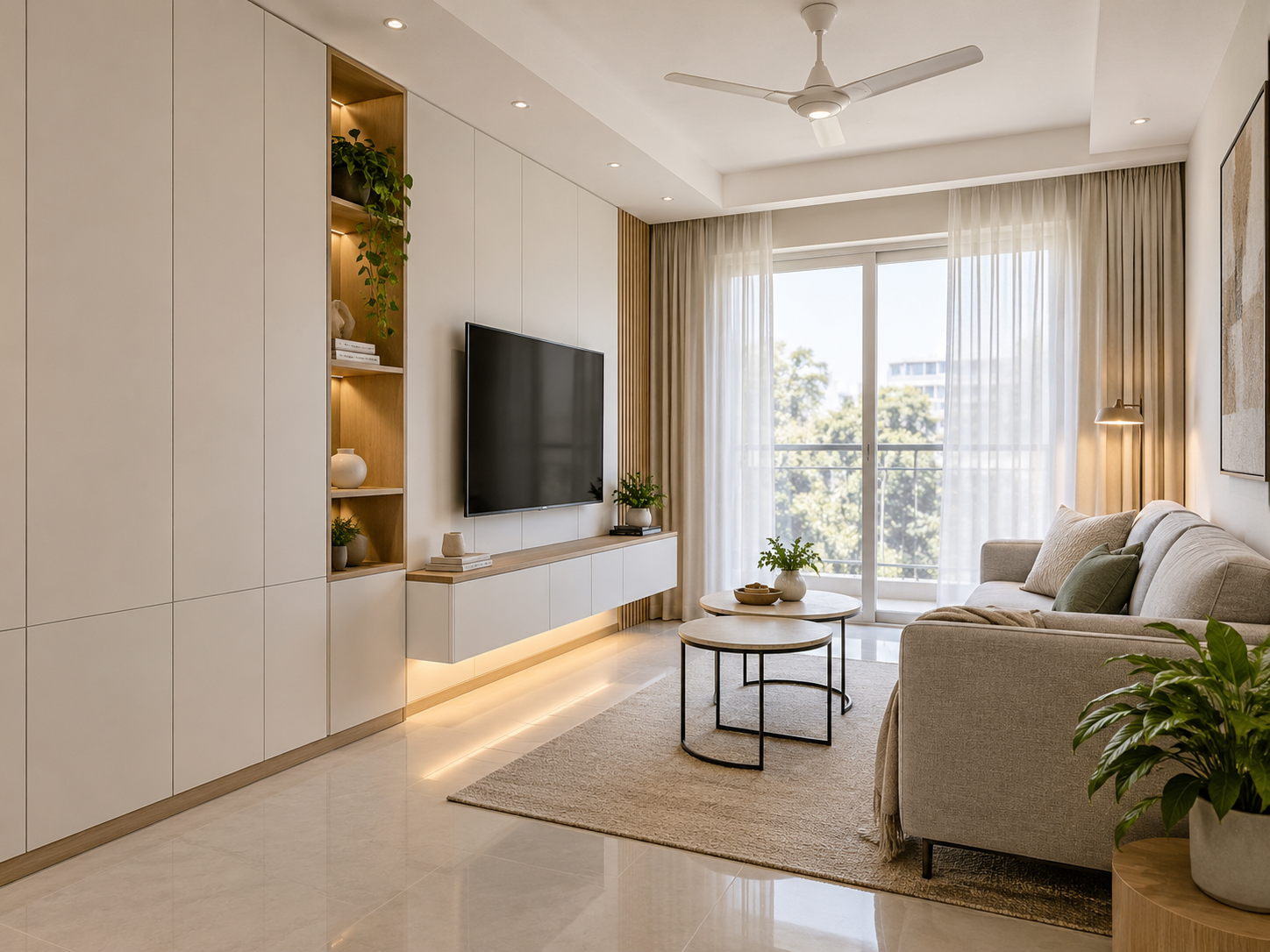 Compact living room with concealed white storage cabinets and neutral seating