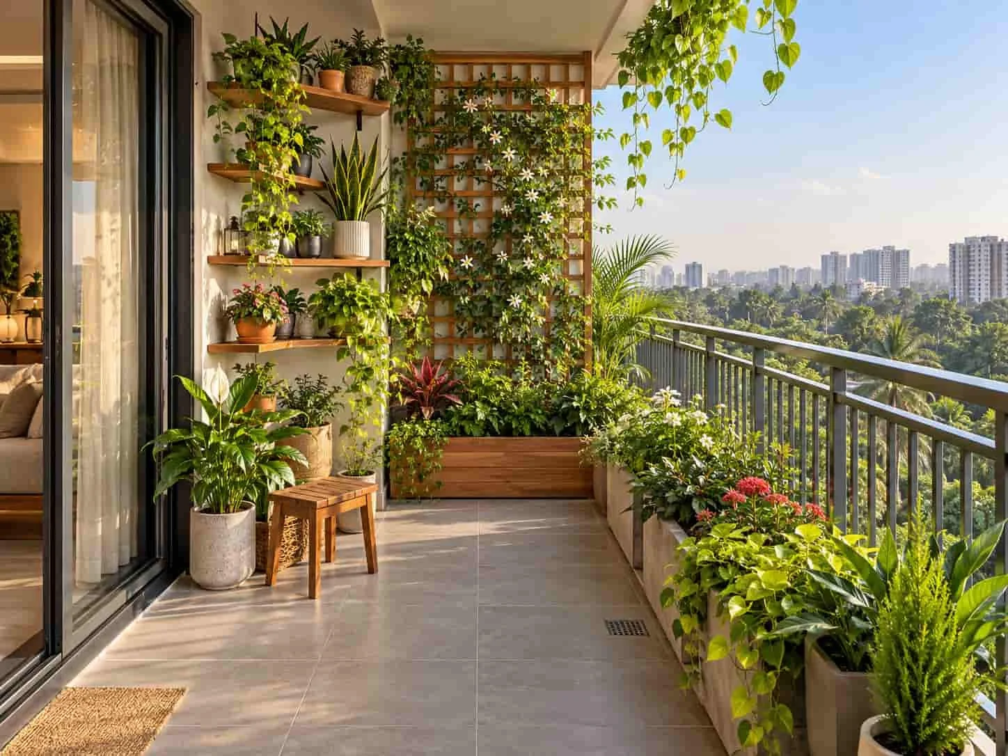Balcony garden with a vertical plant display