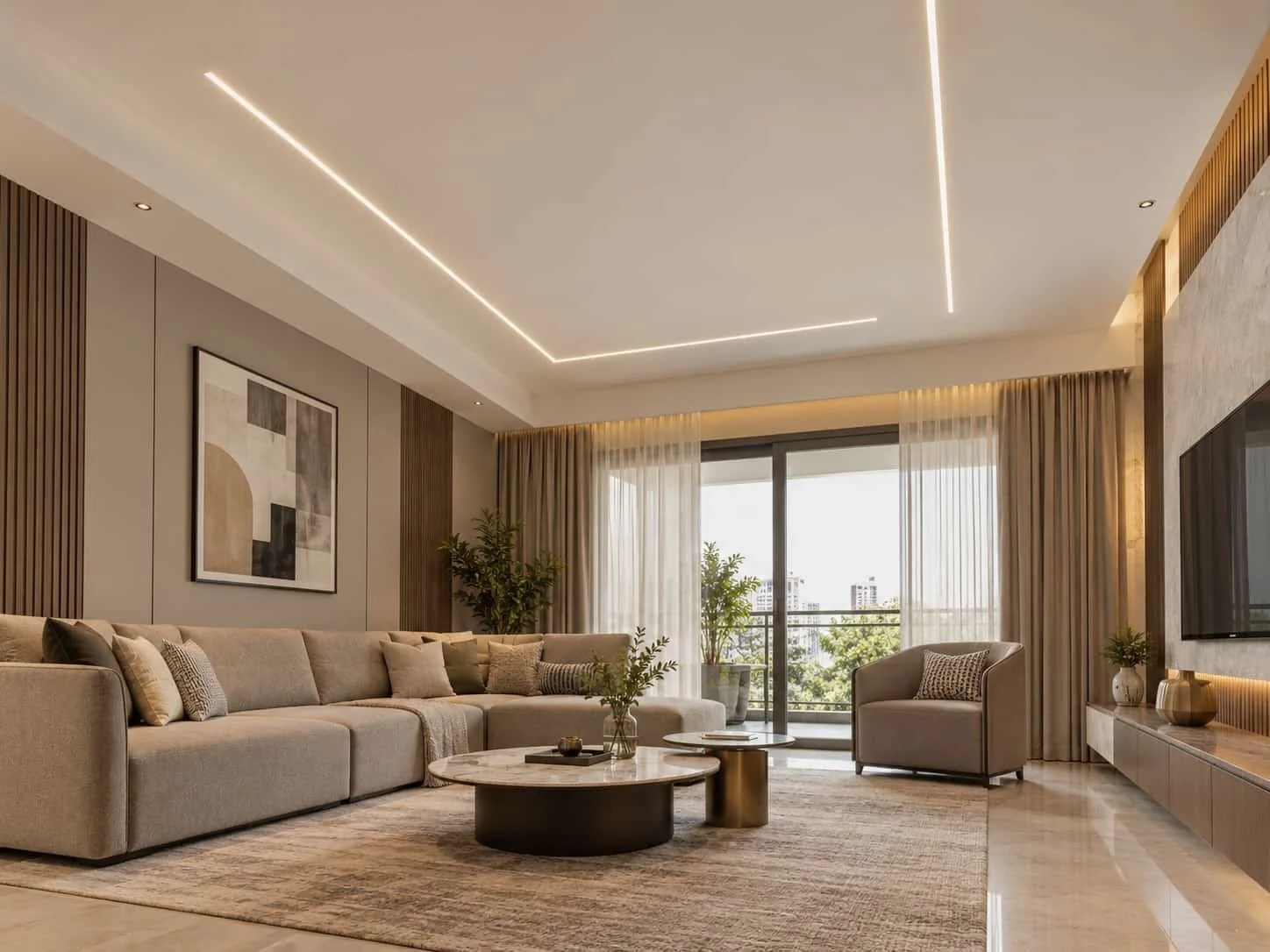 Modern white living room ceiling with recessed linear lighting