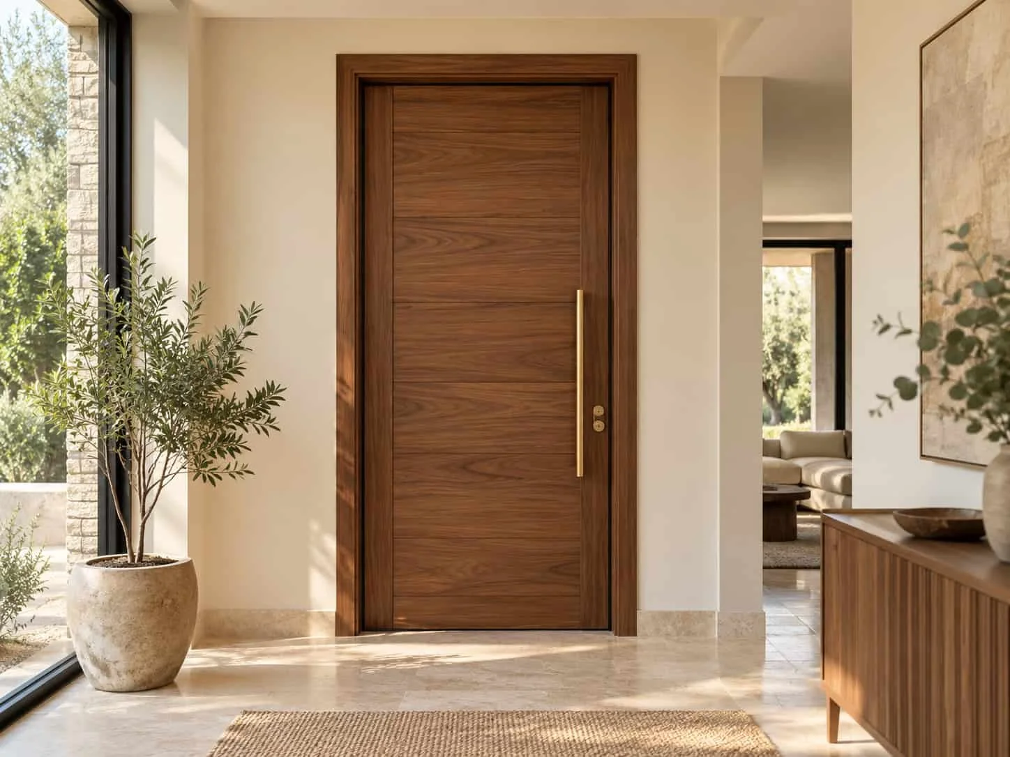 Wood-finish main door with a simple frame