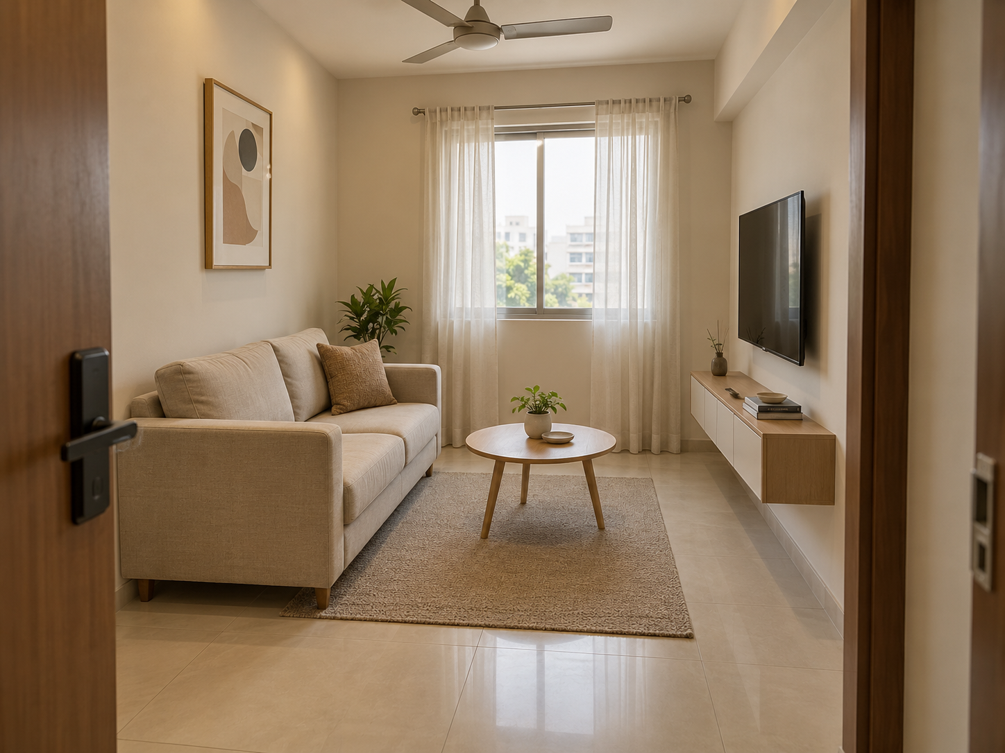 Minimalist compact living room with a beige sofa, round coffee table, and floating TV console
